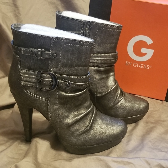 G by Guess Shoes - G by Guess Dargha Pewter Metallic Stiletto Heeled Boots Size 9. Buckle Accent.
